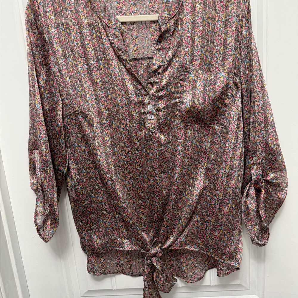 Olivia Graye Women Metallic Floral Print 3/4 Sleeve Blouse Multicolor Sz M(26-15